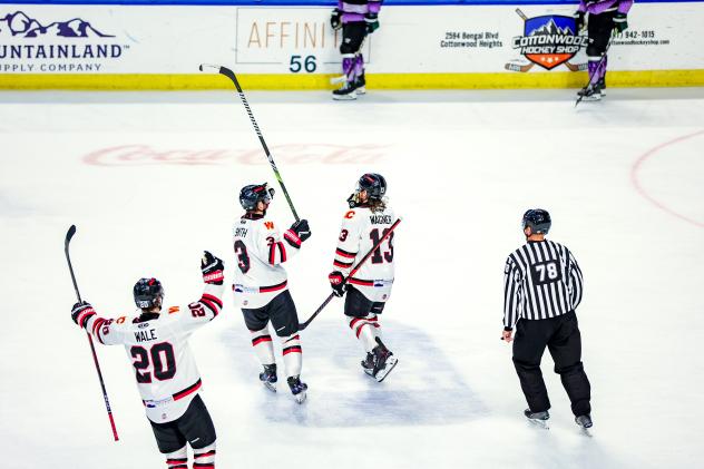 Rapid City Rush's Holden Wale, Mitchell Smith, and Ryan Wagner on the ice