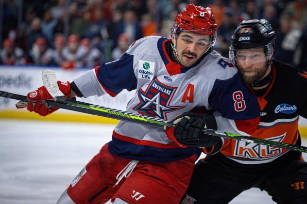 Allen Americans' Mark Duarte versus Kansas City Mavericks' Landon McCallum