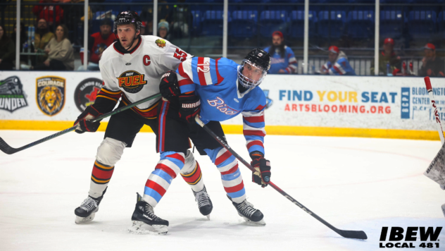 Indy Fuel defenseman Christopher Cameron (left) vs. the Bloomington Bison