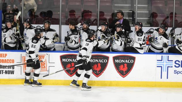 Wichita Thunder exchange congratulations along the bench