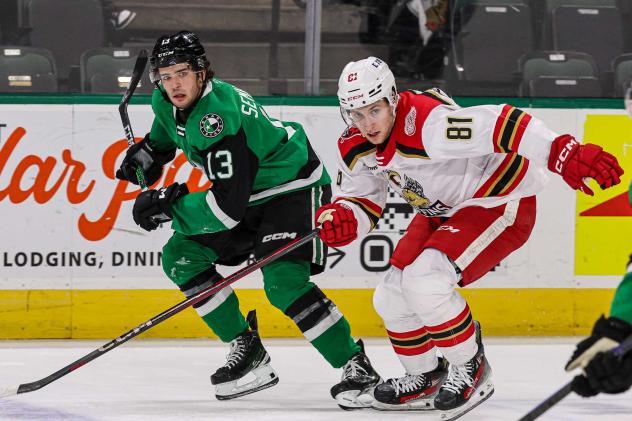 Grand Rapids Griffins forward Jakub Rychlovsky (right) vs. the Texas Stars