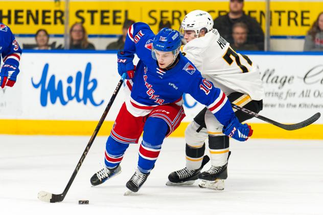 Kitchener Rangers' Adrian Misaljevic versus Sarnia Sting's Hughston Hurt