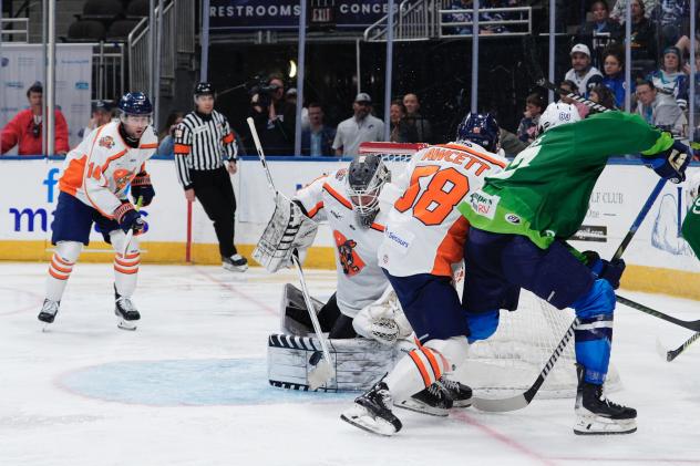 Greenville Swamp Rabbits goaltender Jacob Ingham and forward Tyson Fawcett vs. the Jacksonville Icemen