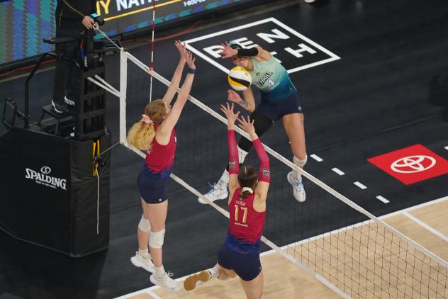 Grand Rapids Rise go up for a block against the Vegas Thrill