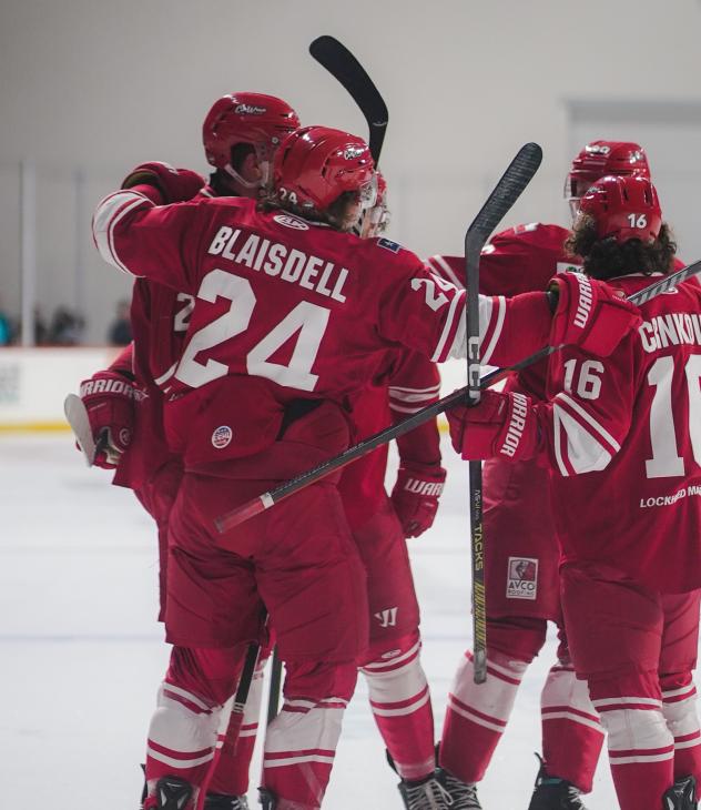 Allen Americans celebrate a goal againt the Tahoe Knight Monsters