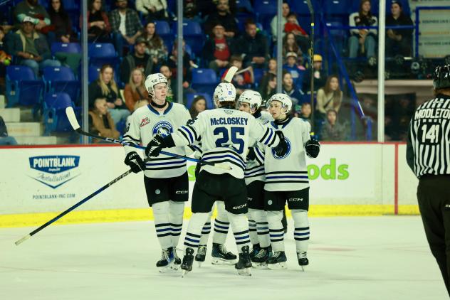 Wenatchee Wild defenseman Brendan Dunphy (left) gathers with his teammates after scoring a goal