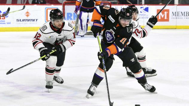 Adirondack Thunder forward Andre Ghantous (left) closes in on the Reading Royals