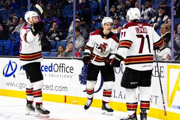 Tucson Roadrunners celebrate a Julian Lutz goal