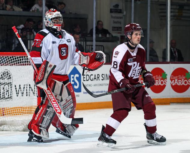 Peterborough Petes right wing Francis Parish in front of the Ottawa 67's net