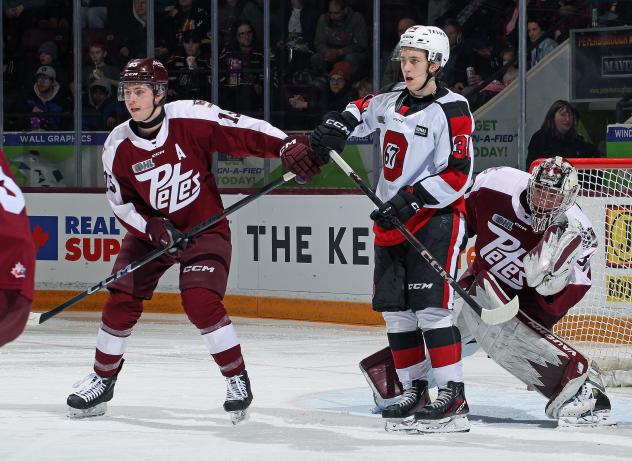 Peterborough Petes defenceman Carson Cameron (left) vs. the Ottawa 67's