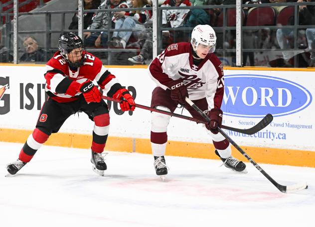 Peterborough Petes centre Aiden Young (right) handles the puck vs. the Ottawa 67's
