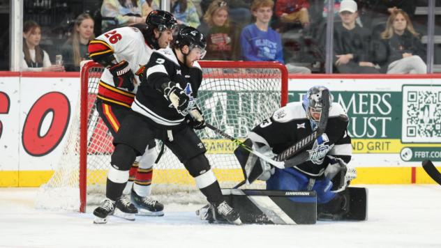 Wichita Thunder goaltender Trevor Gorsuch makes a stop