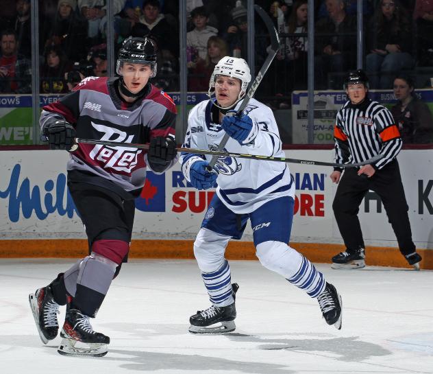 Peterborough Petes defenceman Genc Ula (left) vs. the Brampton Steelheads