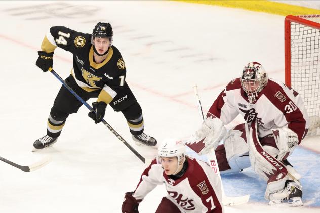 Peterborough Petes defenceman Genc Ula and goaltender Easton Rye