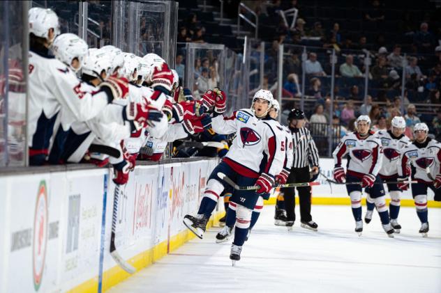 South Carolina Stingrays' Austin Magera congratulated by team