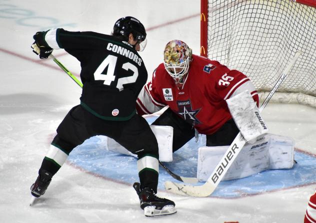 Allen Americans goaltender Anson Thornton faces the Utah Grizzlies