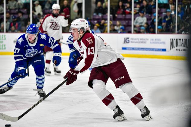 Peterborough Petes' Gavin Bryant and Brampton Steelheads' Troy Patton in action