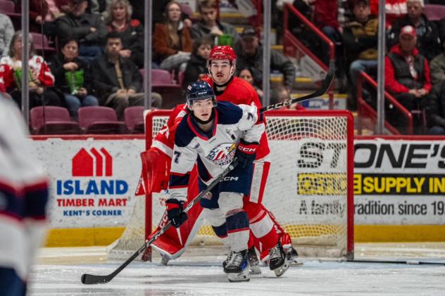 Saginaw Spirit's Calem Mangone and Soo Greyhounds' Nolan Lalonde on game night