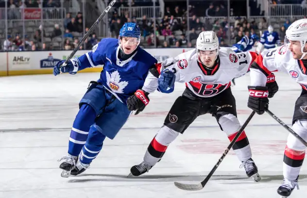 Belleville Senators right wing Xavier Bourgault screens the Toronto Marlies