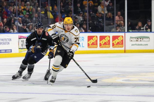 Toledo Walleye's Cole Gallant and Wheeling Nailers' Isaac Belliveau in action