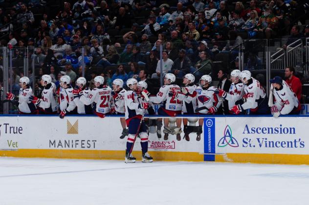 South Carolina Stingrays' Erik Middendorf congratulated by team