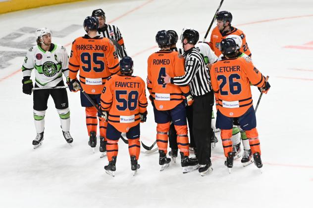 Greenville Swamp Rabbits have a discussion with the Savannah Ghost Pirates