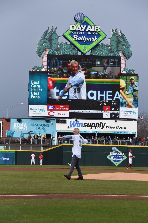Peter Freund, CEO Of Diamond Baseball Holdings, throws out the ceremonial first pitch at Dayton Dragons-CincinnatiReds Game