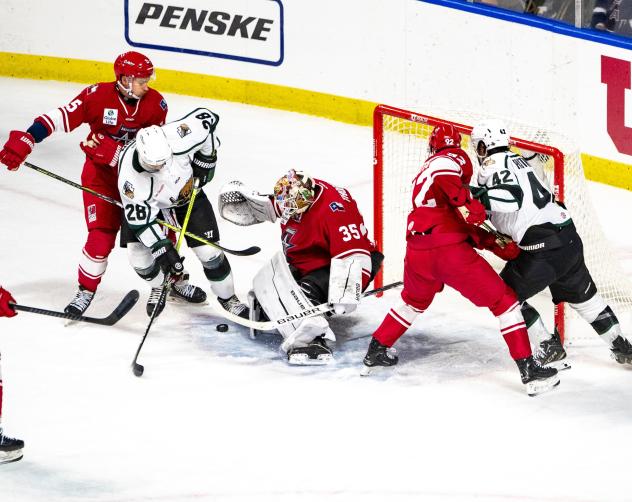 Allen Americans goaltender Anson Thornton makes a stop against the Utah Grizzlies