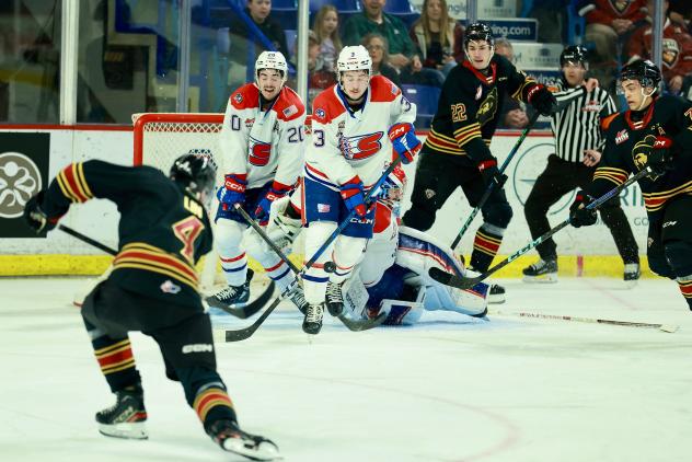 Vancouver Giants defenceman Ryan Lin lets a shot fly against the Spokane Chiefs