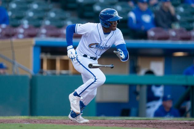 Omaha Storm Chasers utility player Tyler Tolbert sprints out of the box