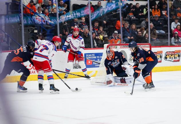 Kitchener Rangers right wing Tanner Lam with the puck against the Flint Firebirds
