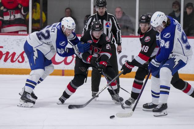 Belleville Senators fight for the puck vs. the Syracuse Crunch
