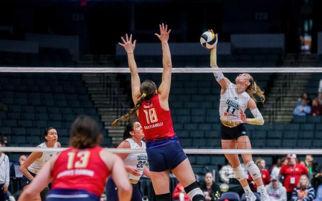 Grand Rapids Rise middle block Ali Bastianelli goes up for a block