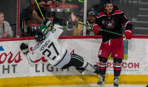 Idaho Steelheads' Jason Horvath and Allen Americans' Mark Duarte on game night