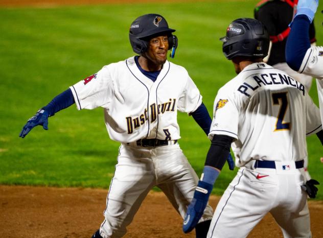 Tri-City Dust Devils' Caleb Ketchup and Adrian Placencia on game night