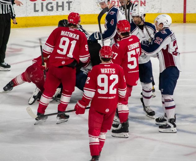 Allen Americans' Miko Matikka, Brayden Watts, and Trevor LeDonne on game night