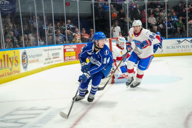 Syracuse Crunch's Tristan Allard and Laval Rocket's William Trudeau in action
