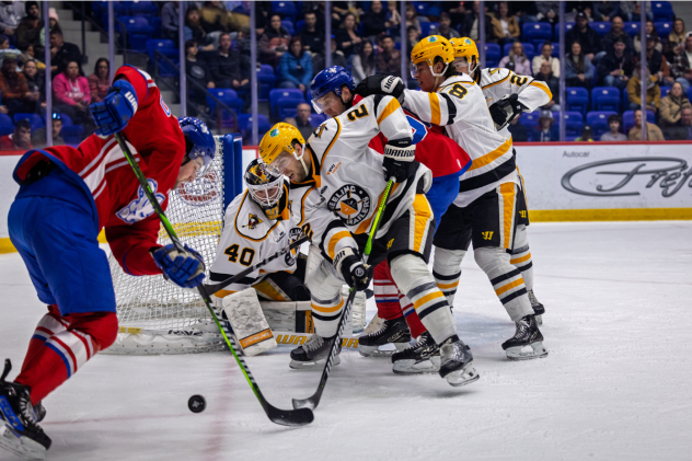 Wheeling Nailers defend their goal against the Trois-Rivières Lions