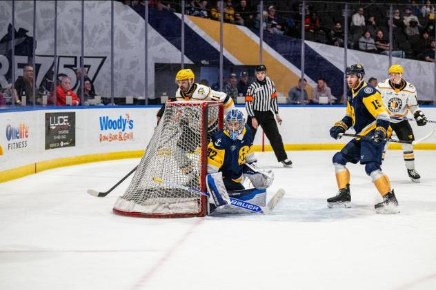 Wheeling Nailers look for a score against Thomas Milic and the Norfolk Admirals