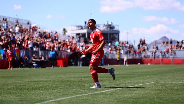 Phoenix Rising forward Damian Rivera reacts after his goal