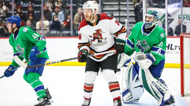 Tucson Roadrunners' Hunter Drew and Abbotsford Canucks' Cole McWard and Arturs Silovs on game night