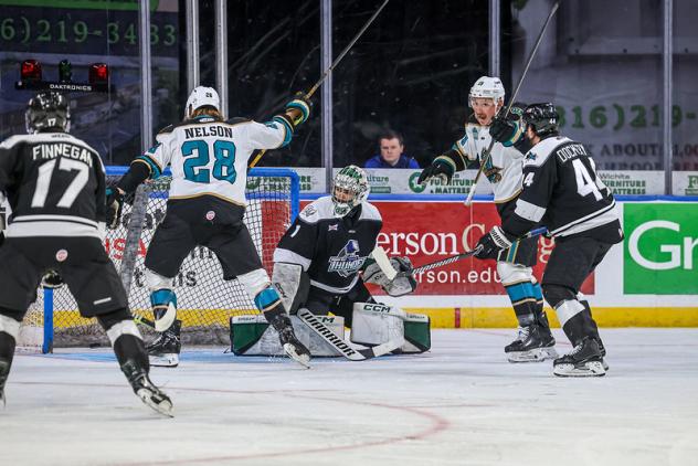 Logan Nelson of the Tahoe Knight Monsters in front of the Wichita Thunder goal