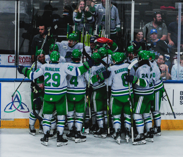 Florida Everblades mob Anton Malmström after his game-winning goal