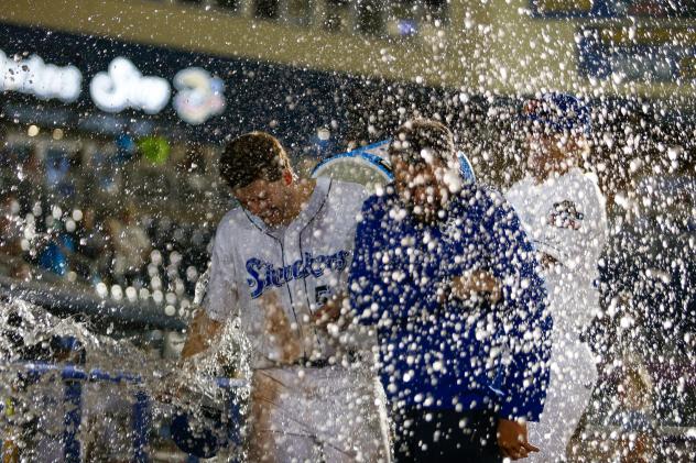Biloxi Shuckers shower Luke Adams
