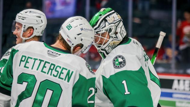Texas Stars forward Emilio Pettersen and goaltender Remi Poirier