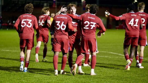 Chicago Fire FC II's Peter Soudan, Charles Nagle, Justin Reynolds, Dylan Borso, Jean Diouf, and Diego Konincks on game night