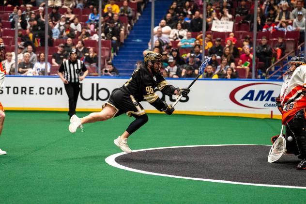 Vancouver Warriors forward Ryan Martel takes a shot against the Buffalo Bandits