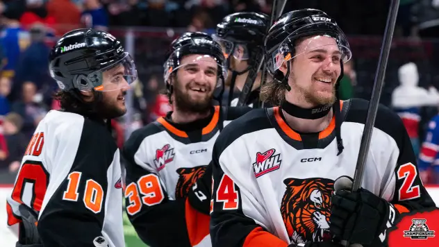 Medicine Hat Tigers all smiles after winning Game Four of the 2025 WHL Championship Series