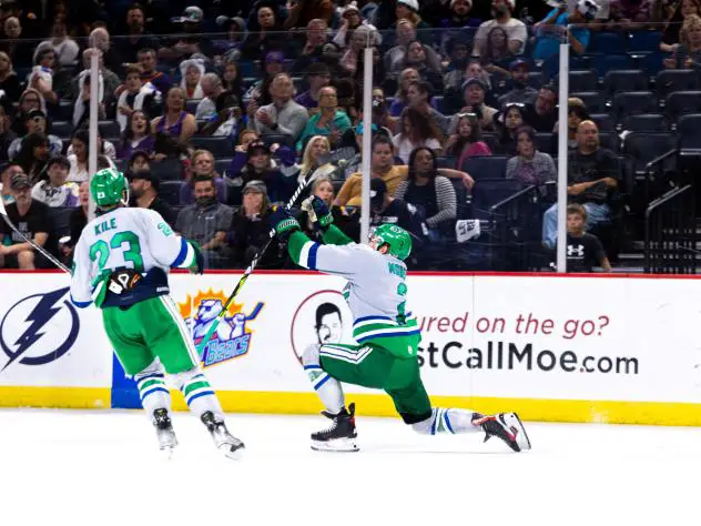 Florida Everblades defenseman Cole Moberg celebrates
