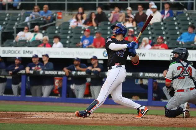 Joey Meneses of the Syracuse Mets homers